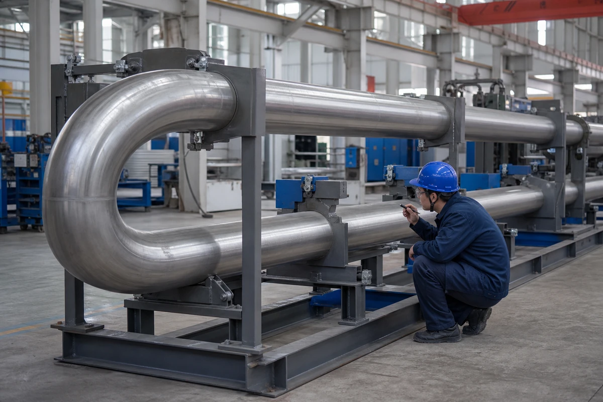Large U-shaped stainless radiant tube supported for alignment inspection