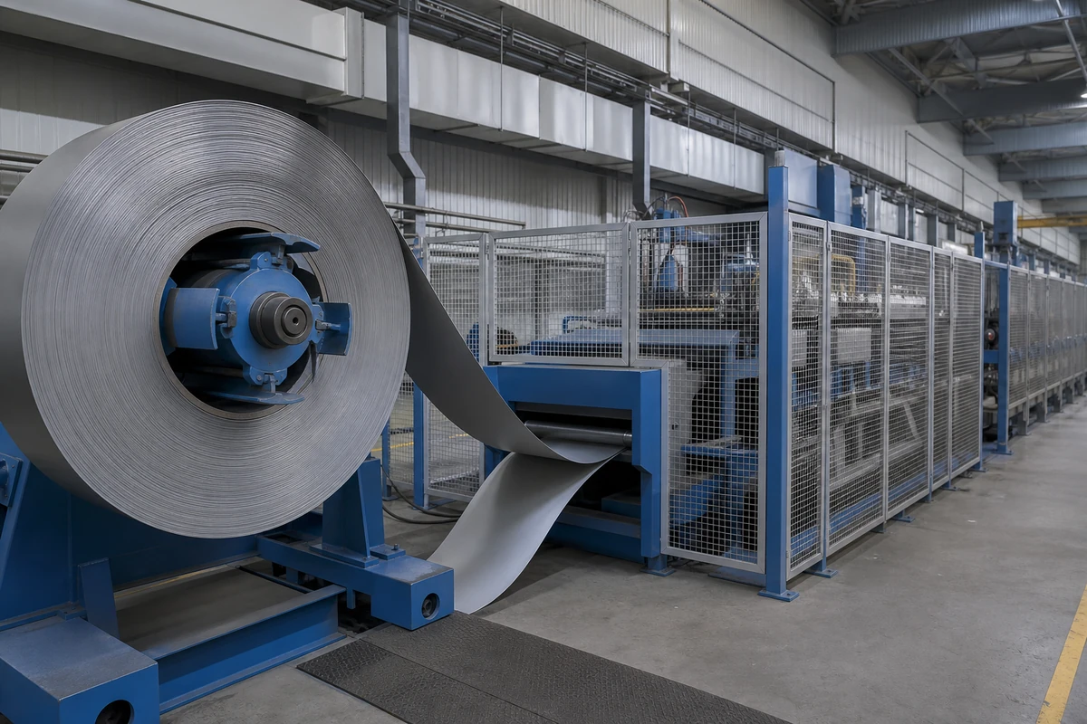 Stainless coil feeding a guarded forming line for thin heat-resistant components