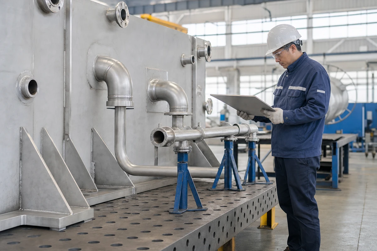Supported stainless plate and tube fabrication undergoing weld-geometry review