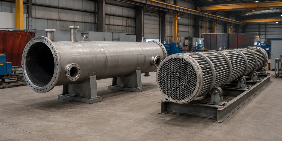 Heat-exchanger shell and withdrawn tube bundle supported separately in a workshop