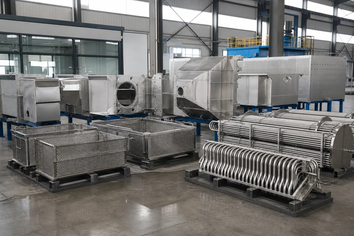 Furnace baskets, formed panels and tube assemblies arranged for final review