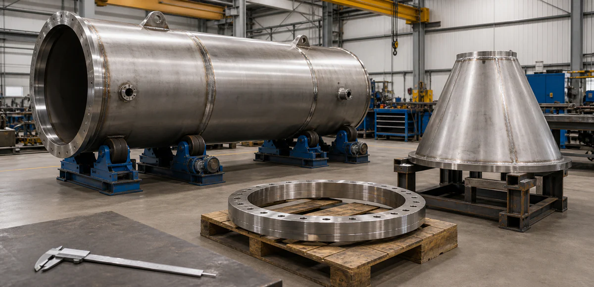 Custom stainless steel thermal-equipment components supported for workshop inspection