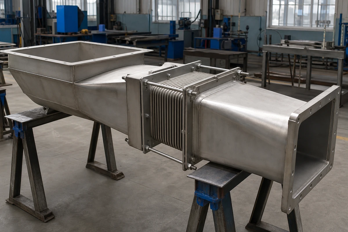Stainless conveying chute, expansion section and flanged transition on fabrication stands