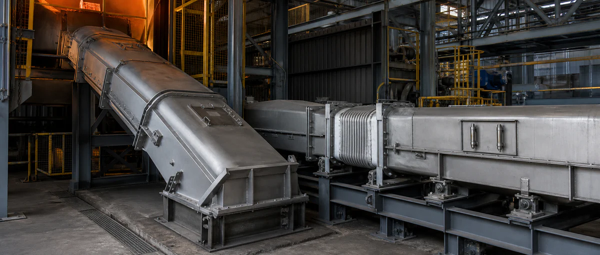 Enclosed high-temperature conveying line with supported chute and expansion section