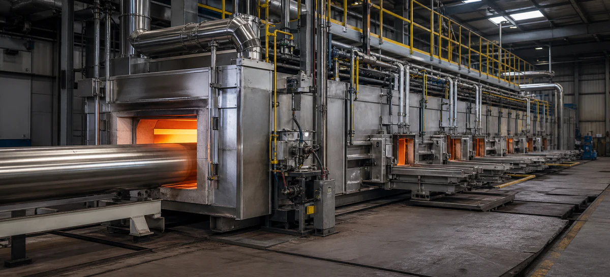 Industrial furnace line with supported radiant tubes and guarded service platforms