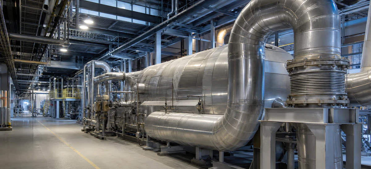 Thermal power equipment hall with insulated ducting and a metallic expansion joint