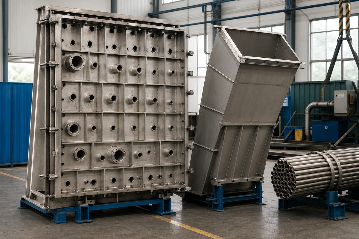 Waste-to-energy furnace panel, chute and tube components on workshop supports
