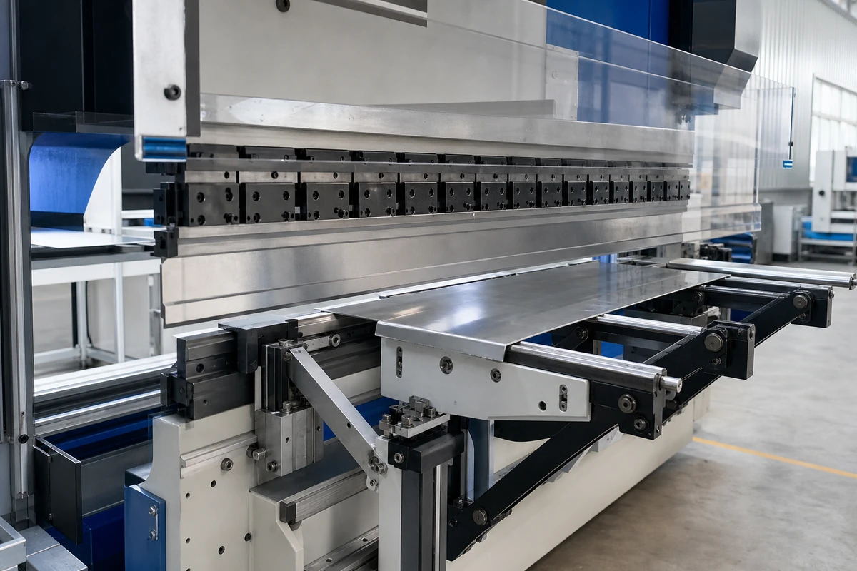 Guarded CNC press brake forming a supported stainless steel plate