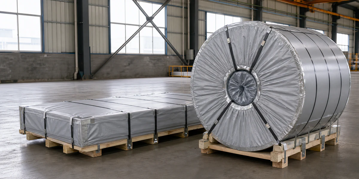 Stainless steel coil and plate prepared with export moisture barriers, edge protection and timber supports