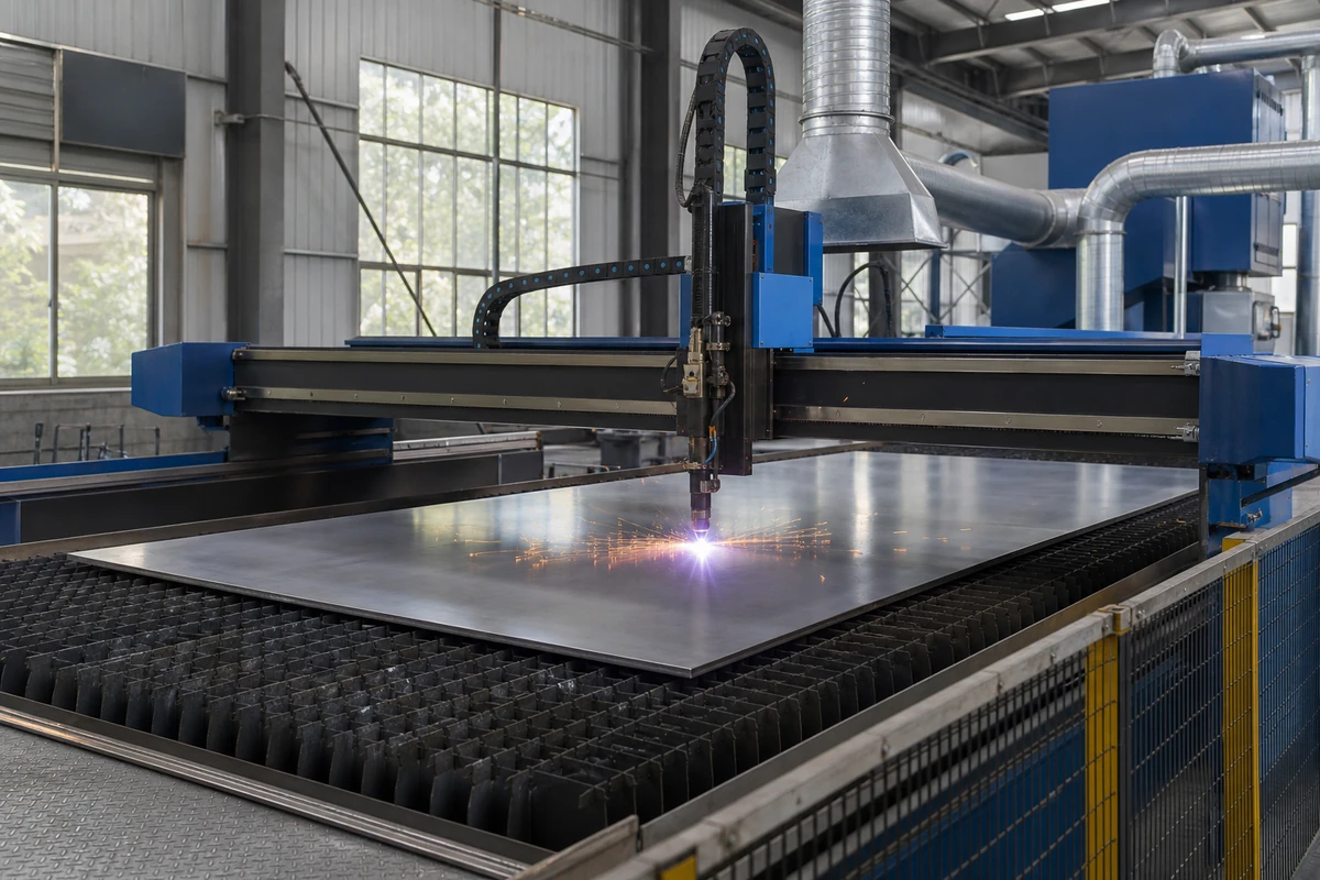 Mechanized plasma torch cutting a supported stainless steel plate
