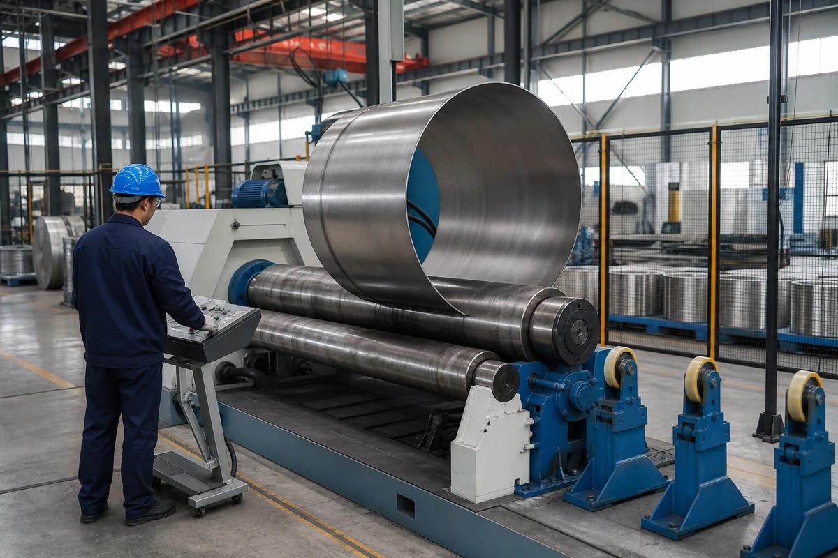 Three-roll plate machine forming a supported stainless steel shell