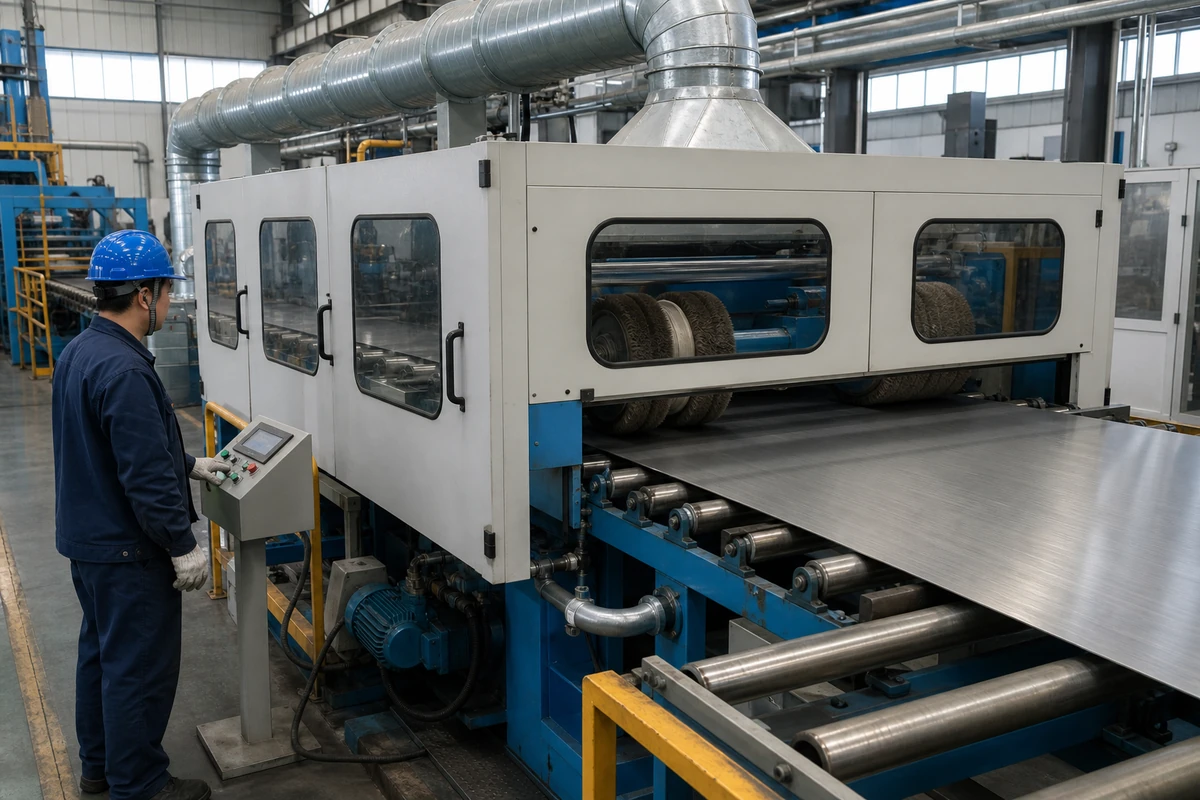 Guarded stainless steel sheet brushing and finishing line