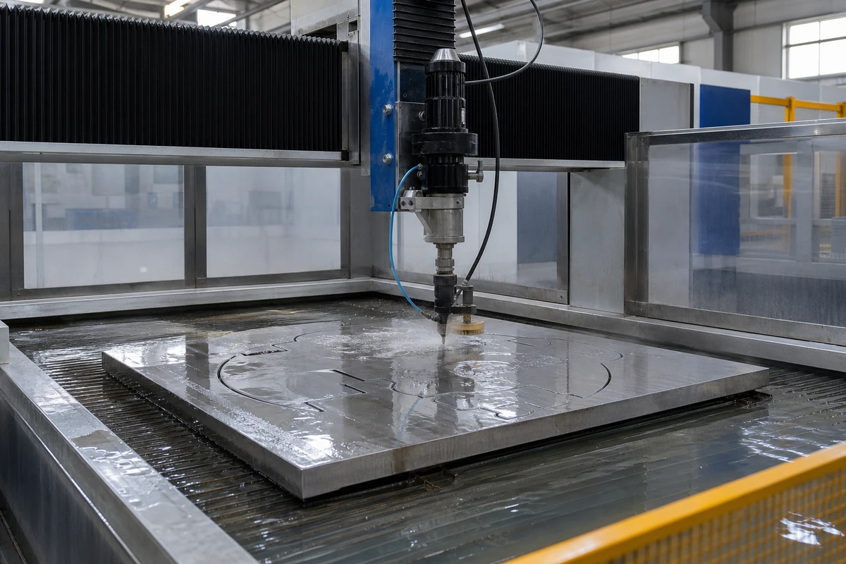 Waterjet head cutting a thick stainless steel plate over a water table