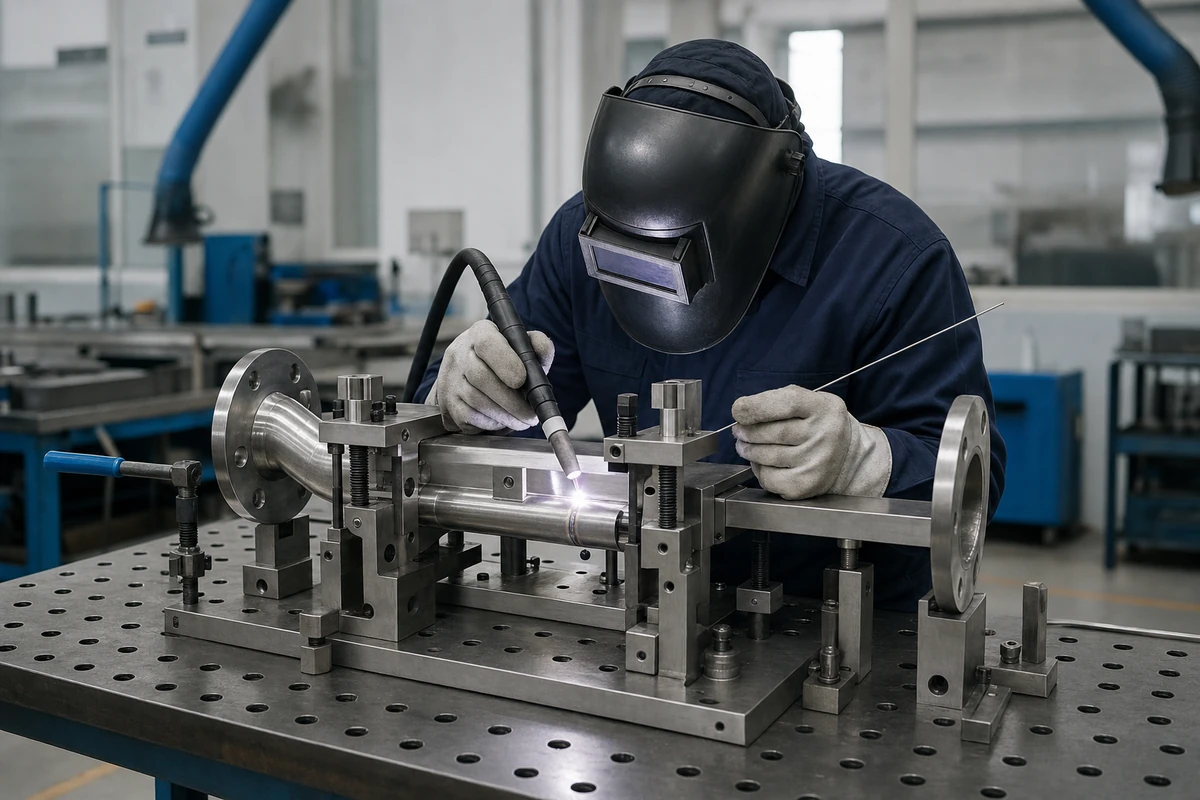 Protected welder performing TIG fabrication on a rigid stainless steel fixture