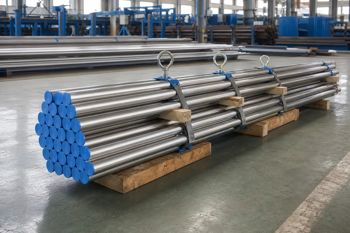 Long stainless steel bars bundled with separators and protected ends