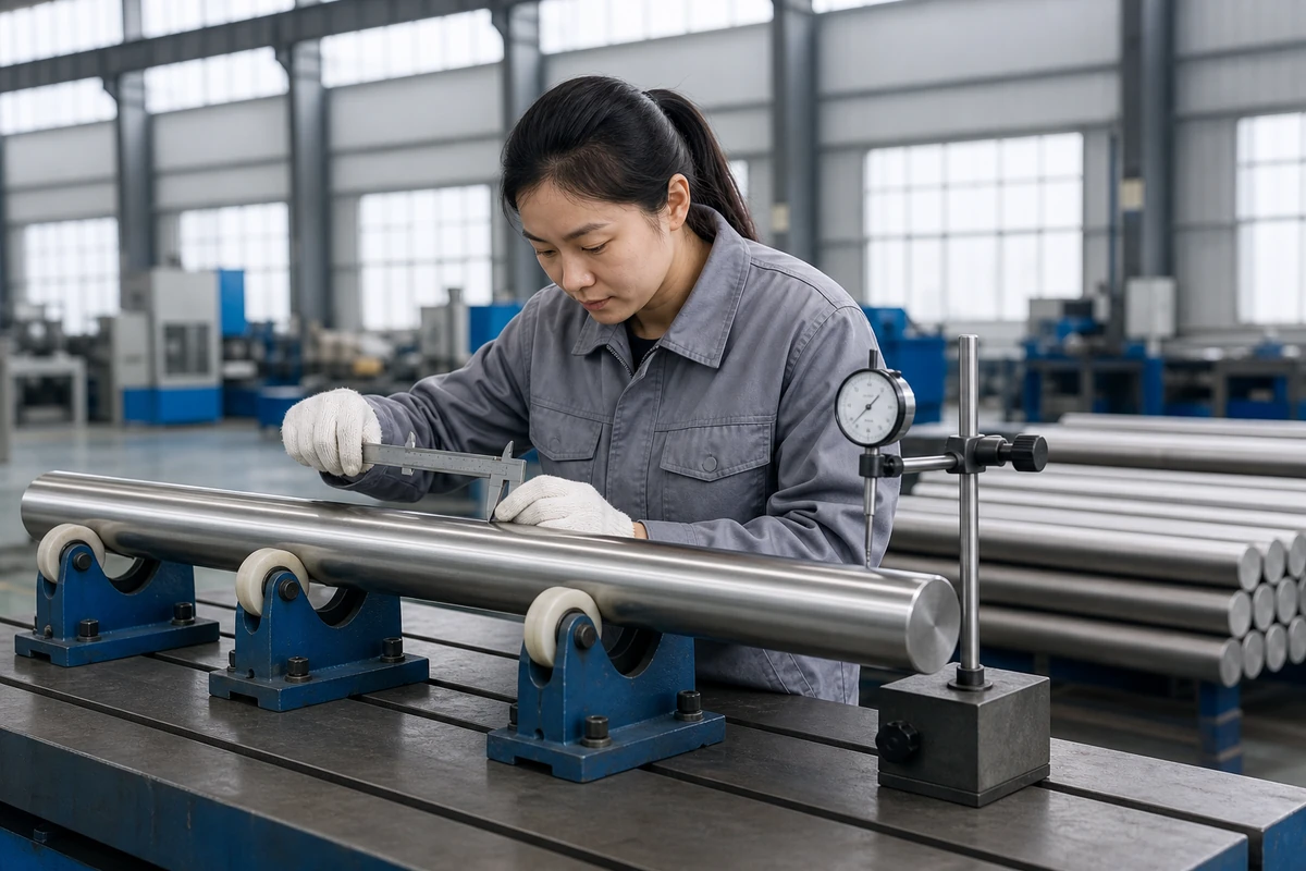 Supported stainless steel round bars undergoing straightness and diameter inspection