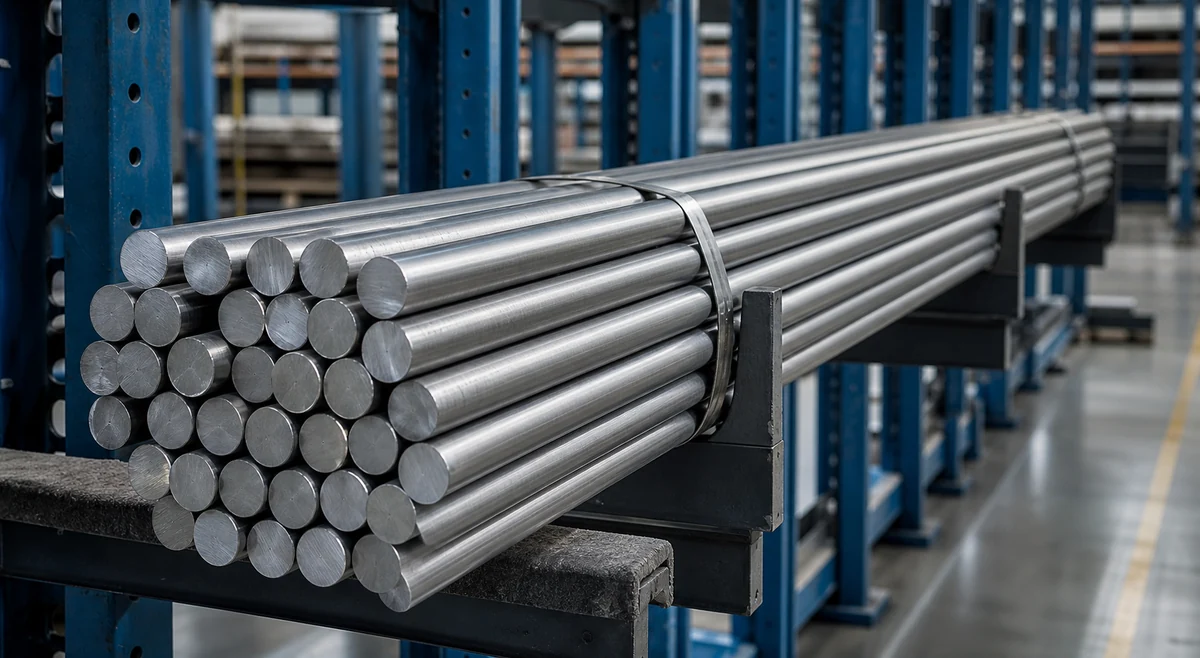 Bundle of solid stainless steel round bars supported on a long-product rack