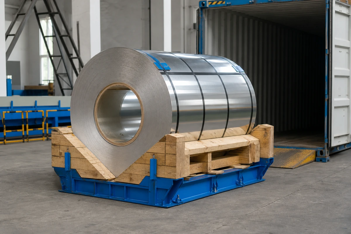 Stainless steel coil restrained in an export saddle for loading preparation
