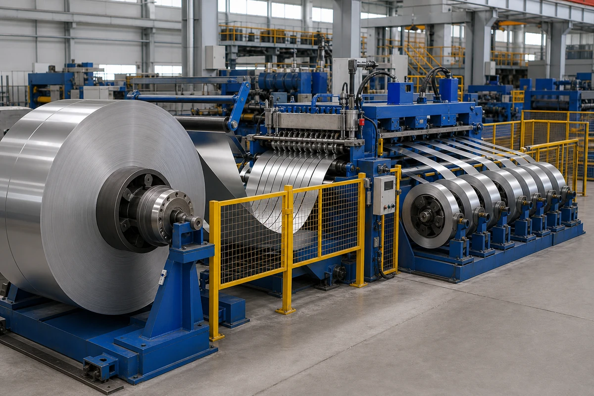 Guarded stainless steel coil slitting line producing separated narrow coils
