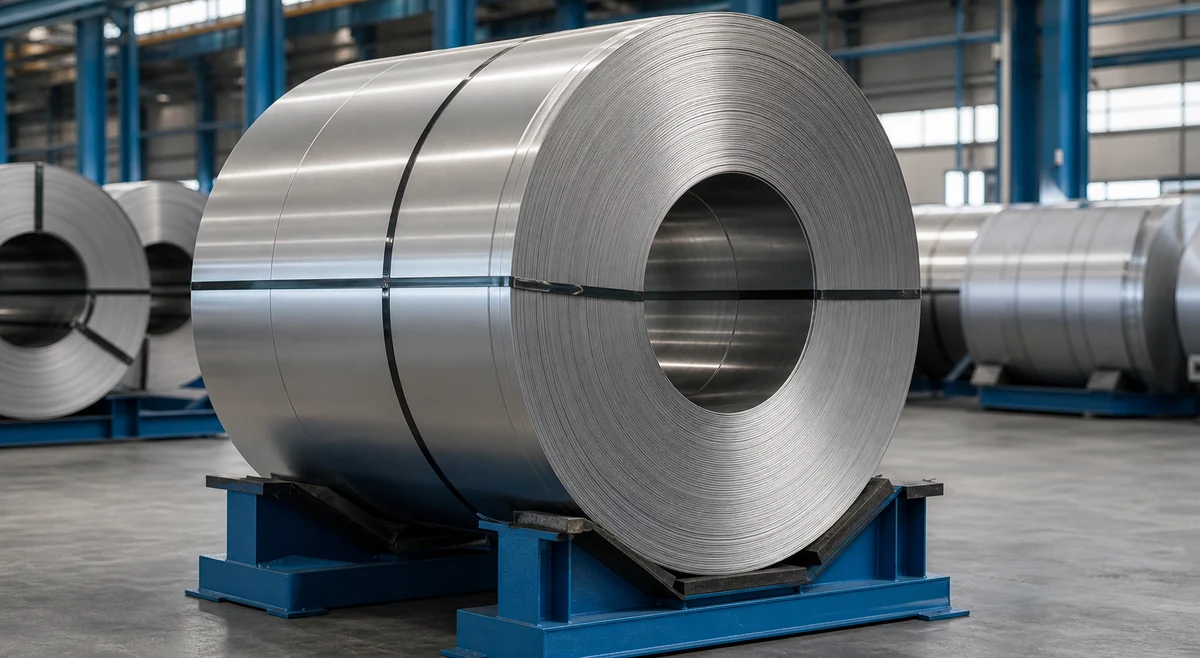 Full-width stainless steel coil secured in a purpose-built warehouse saddle