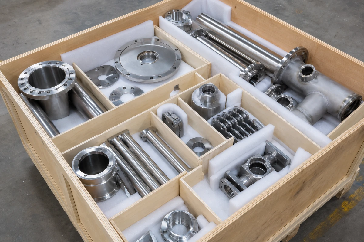 Machined and welded stainless steel components protected in a fitted export crate