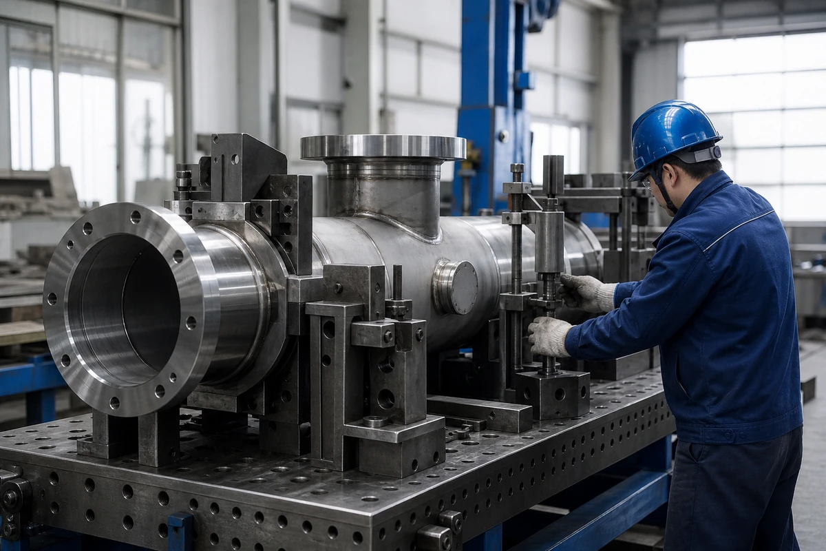 Drawing-based stainless steel assembly held in a rigid fabrication fixture