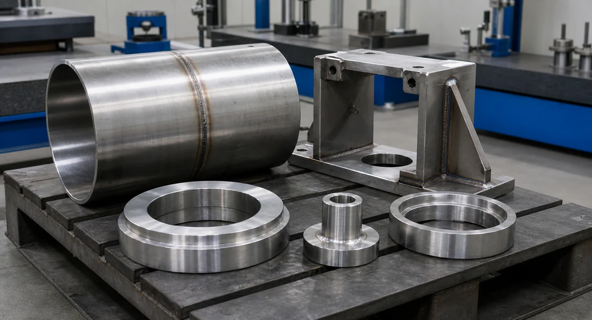 Mixed machined and welded stainless steel parts arranged for workshop inspection