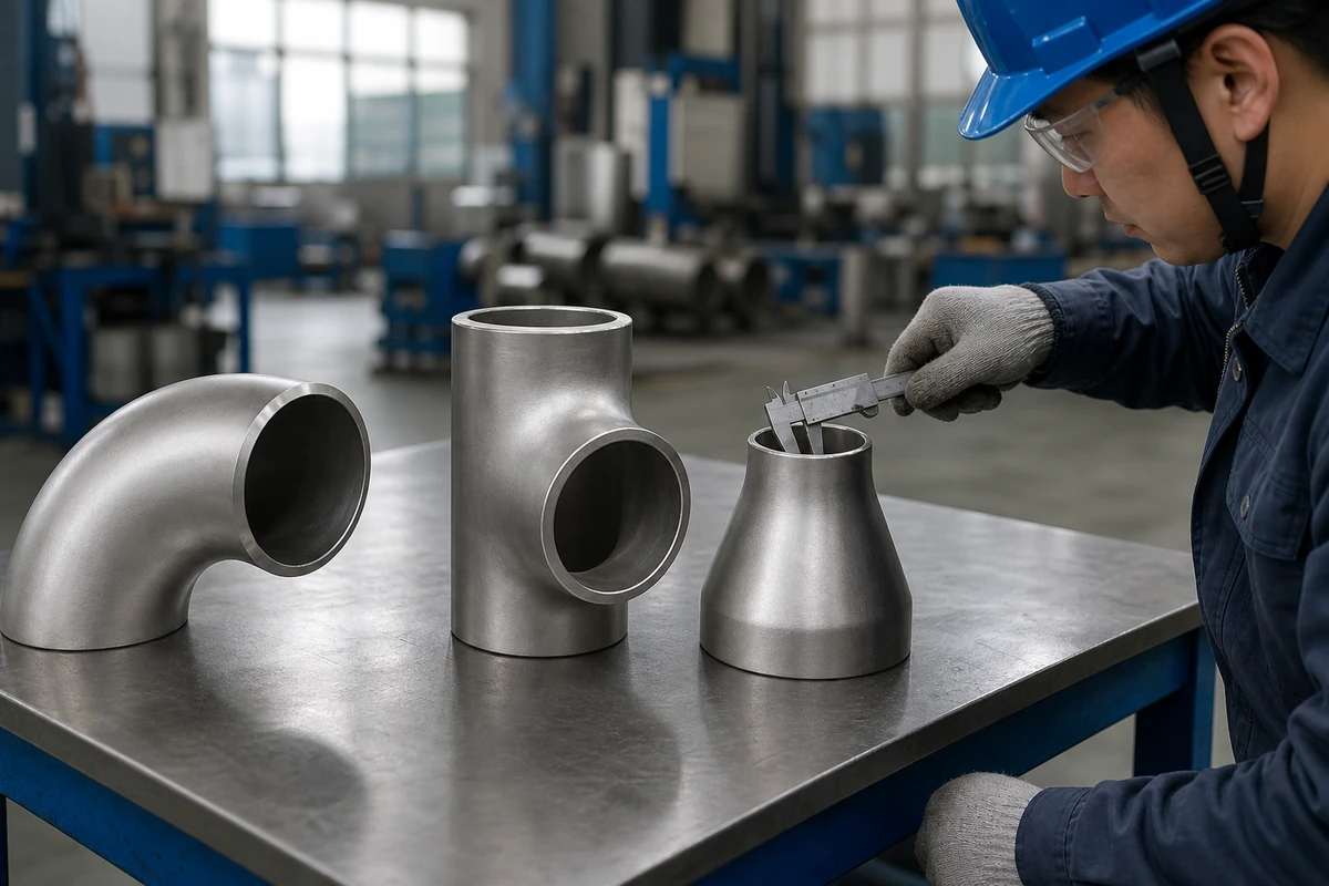 Stainless steel elbow, tee and reducer arranged for dimensional inspection