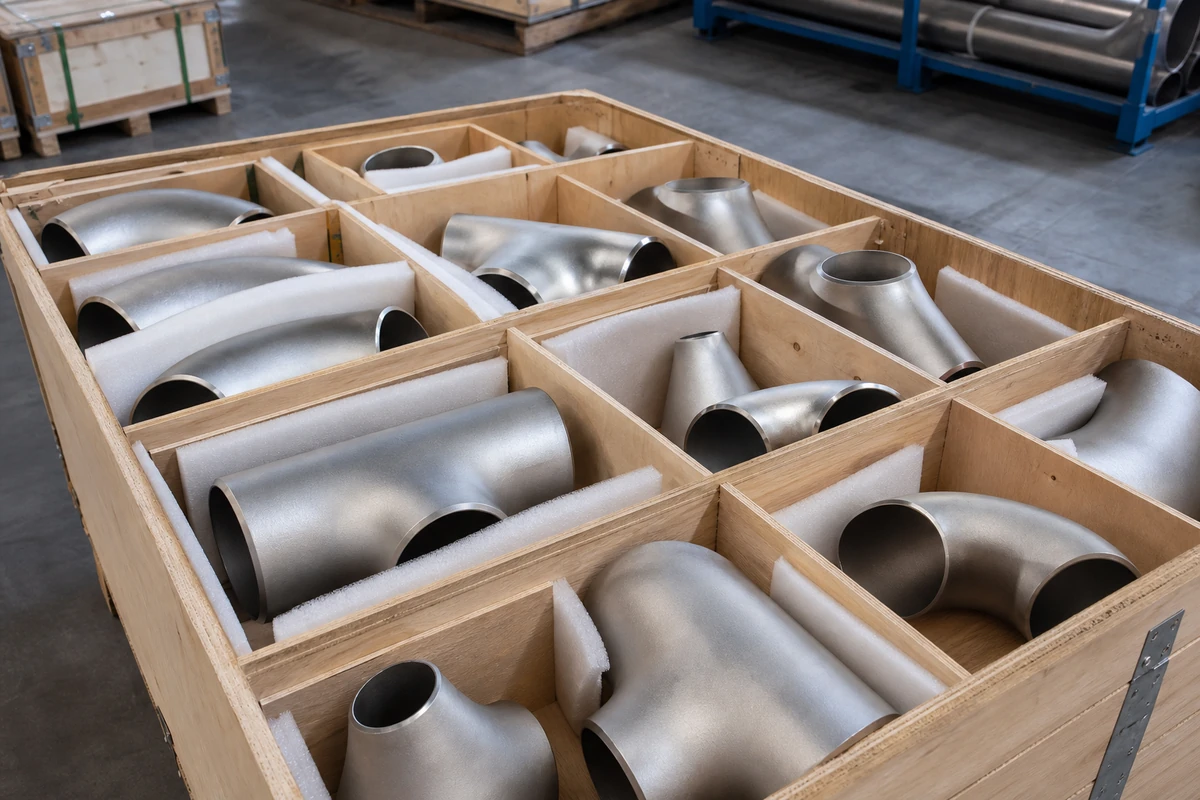 Stainless steel pipe fittings protected and separated in an export crate