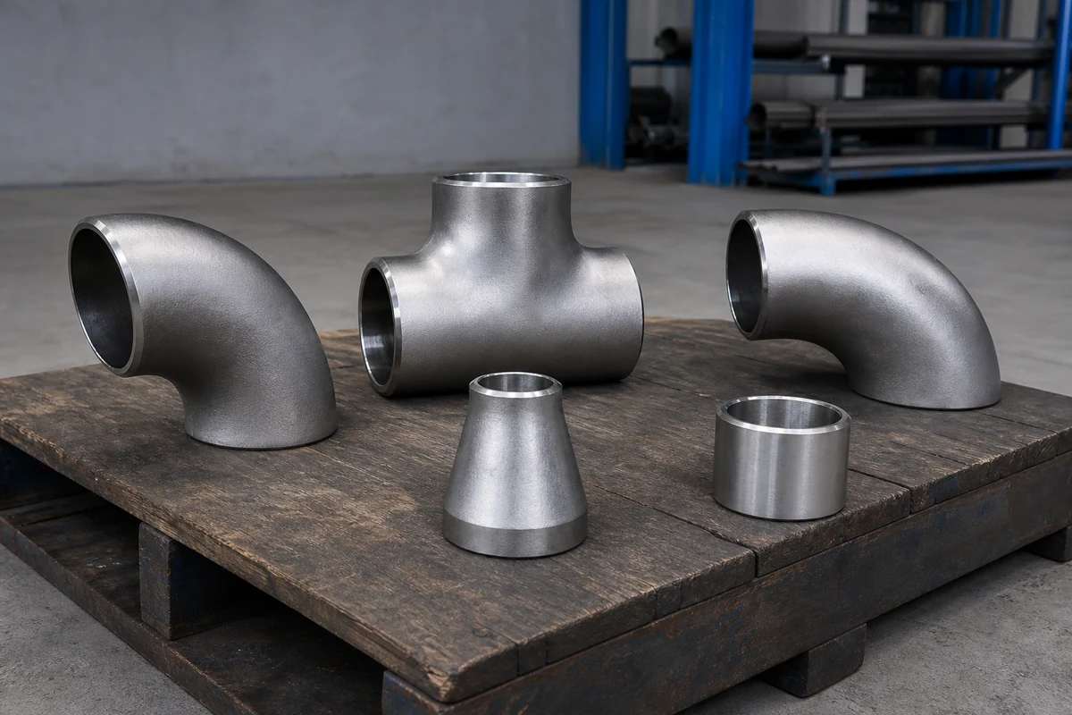 Separated stainless steel elbows, tee, reducer and coupling on a workshop pallet