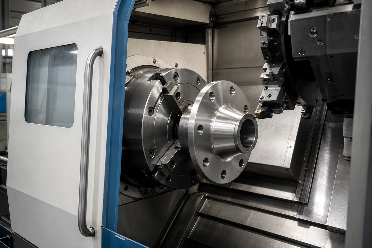 Stainless steel weld-neck flange face being machined in a guarded lathe