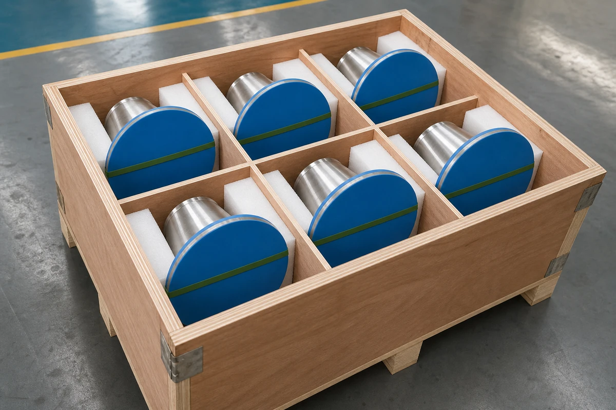 Finished stainless steel flanges separated in a fitted export crate