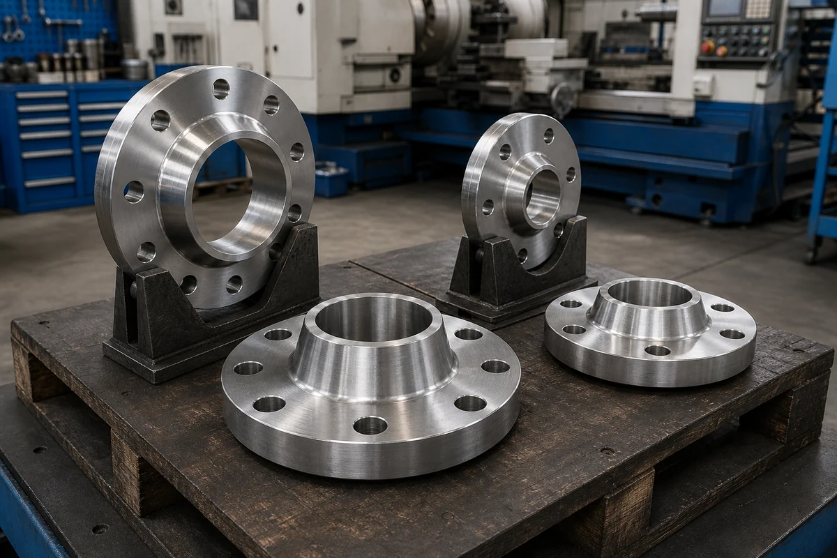 Machined stainless steel weld-neck flanges arranged on a supported pallet