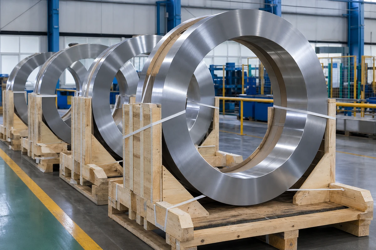 Heavy stainless steel forged rings restrained on reinforced export skids