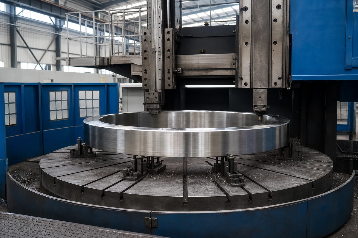 Heavy stainless steel forged ring securely clamped for vertical machining
