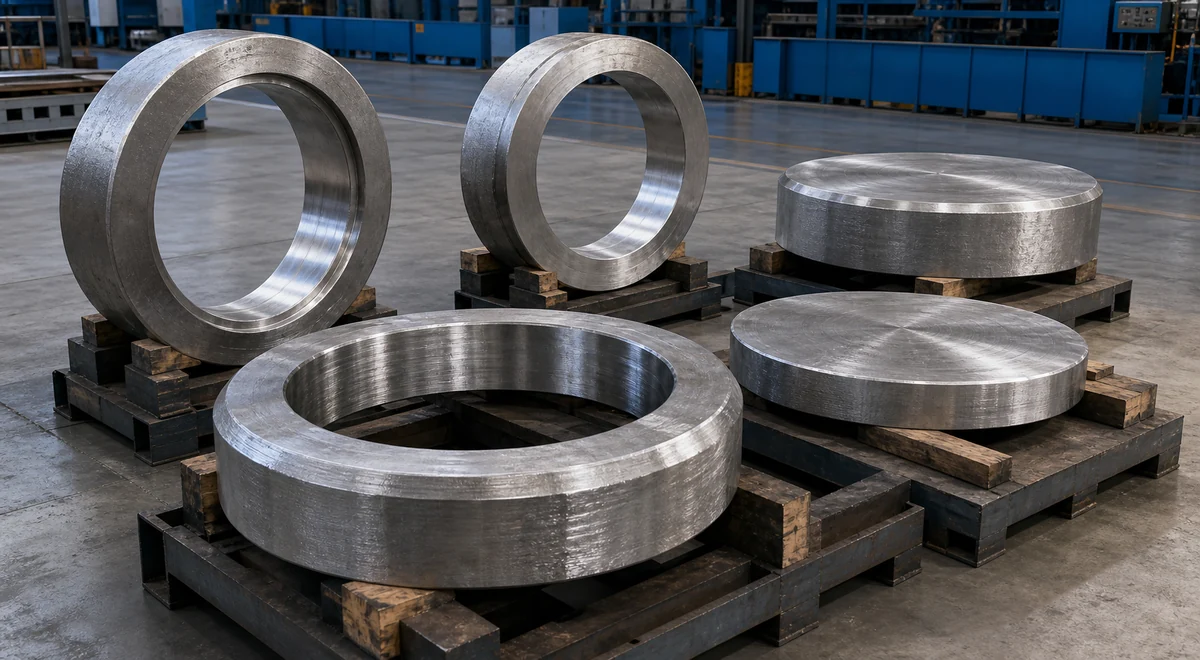 Heavy stainless steel forged rings and discs supported in a fabrication workshop