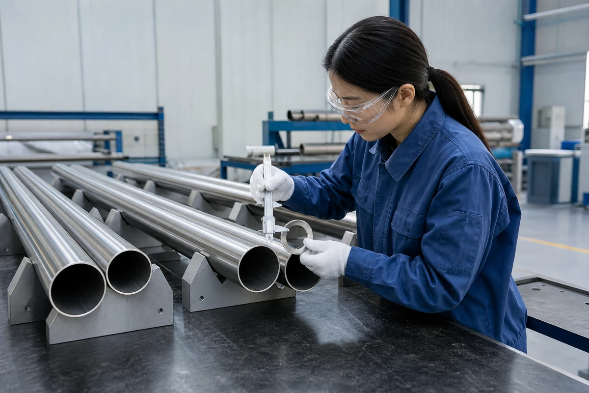 Supported stainless steel tubes undergoing end and dimensional inspection