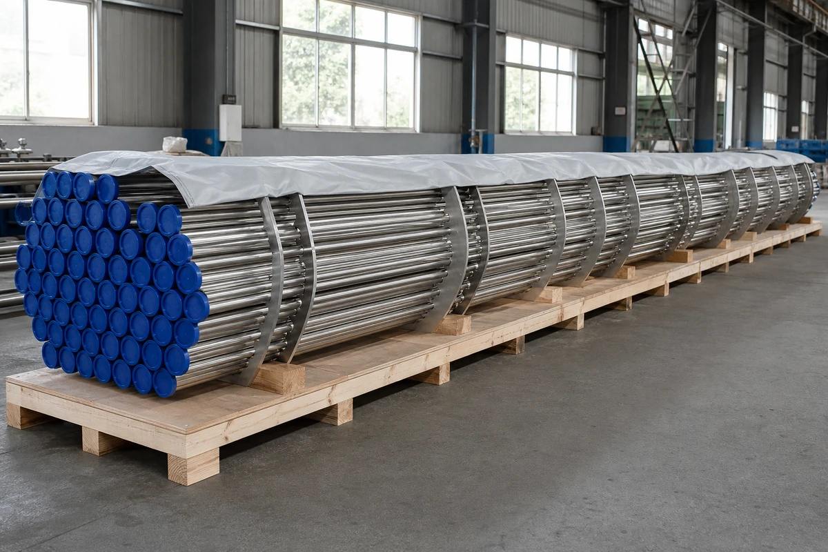 Capped stainless steel tube bundle protected on a long export skid