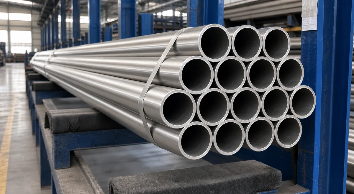 Bundle of straight stainless steel tubes with open circular ends on a storage rack