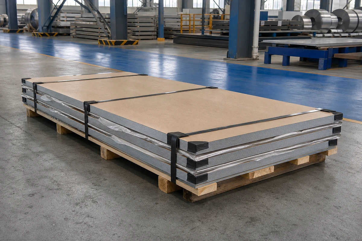 Protected stainless steel plate bundle prepared on timber skids for export handling