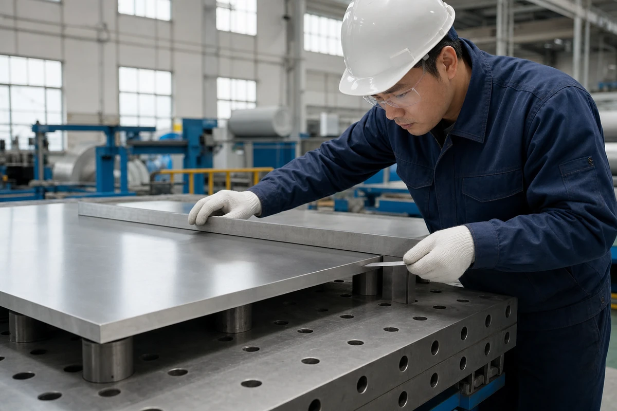 Inspector checking the flatness and cut edge of a supported stainless steel plate