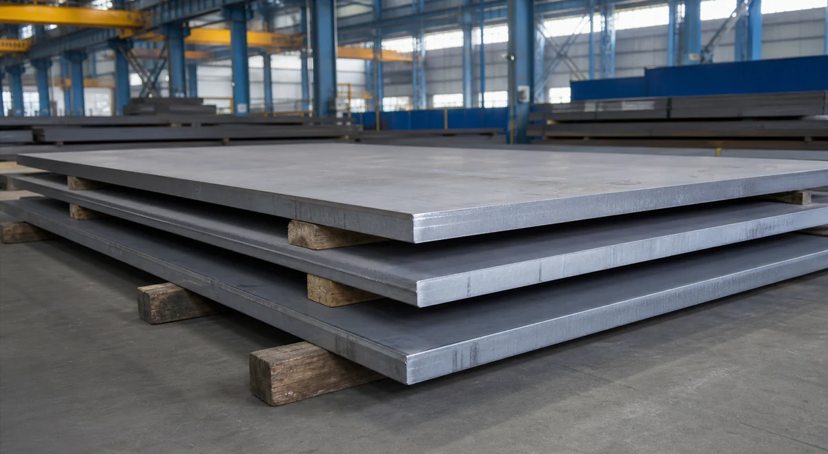 Stacked heat-resistant stainless steel plate on timber dunnage in a metals warehouse
