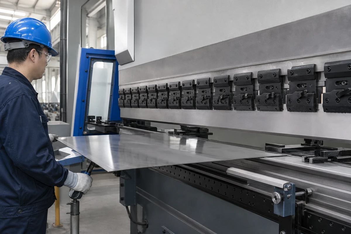 Guarded press brake forming a supported stainless steel sheet