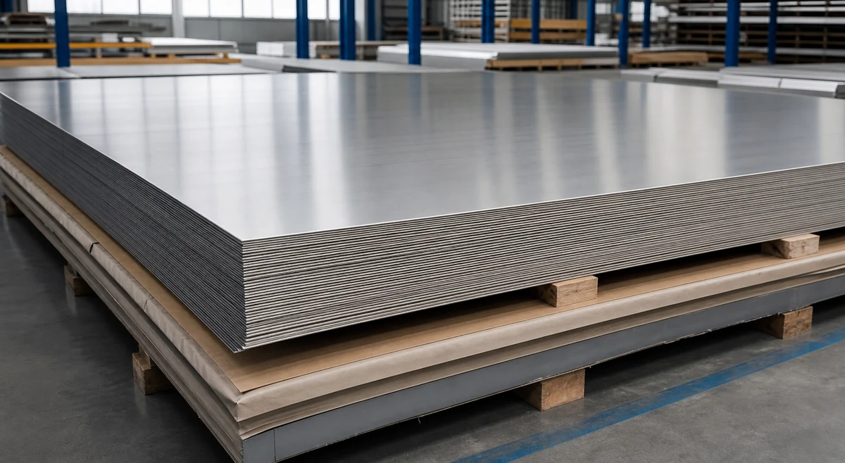 Stack of thin heat-resistant stainless steel sheets on a supported warehouse pallet