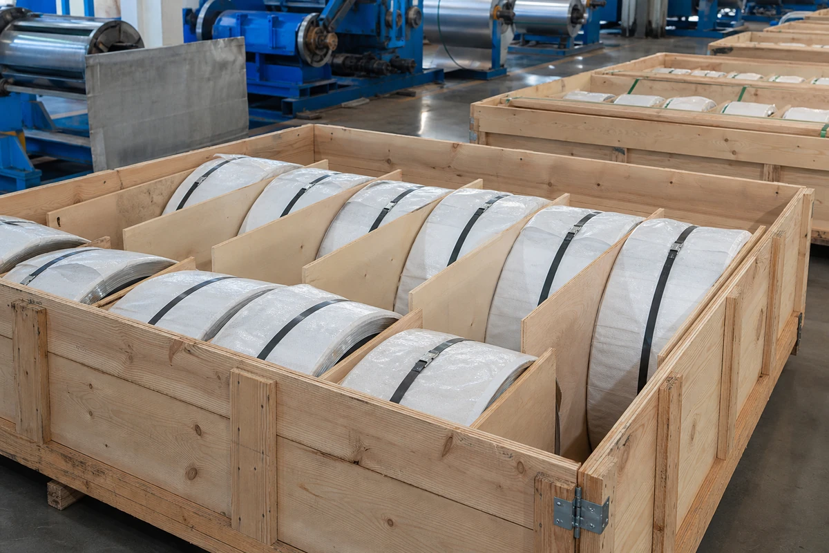 Individually protected stainless steel strip coils in a partitioned export crate