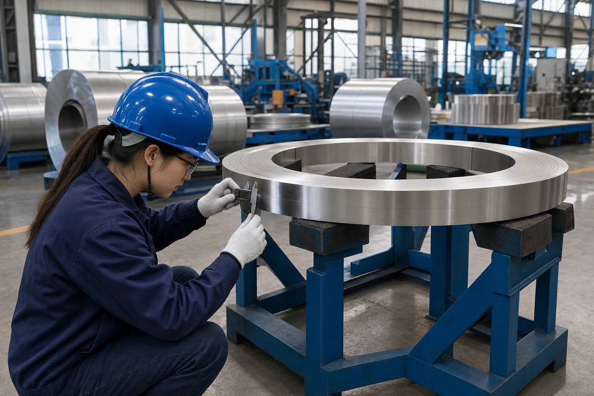 Inspector checking the width and edge of a supported stainless steel strip coil