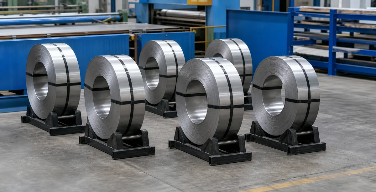Narrow slit stainless steel strip coils arranged on separate support cradles