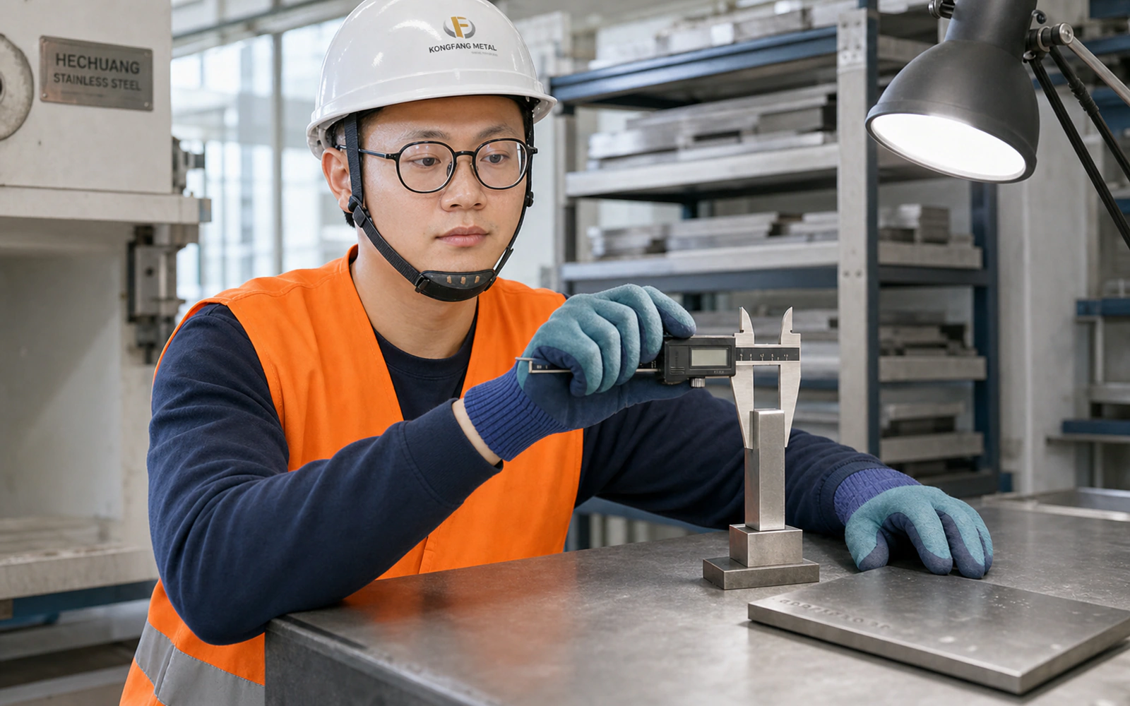 Ji Dejin of Kongfang Metal Group at a stainless-steel dimensional inspection station