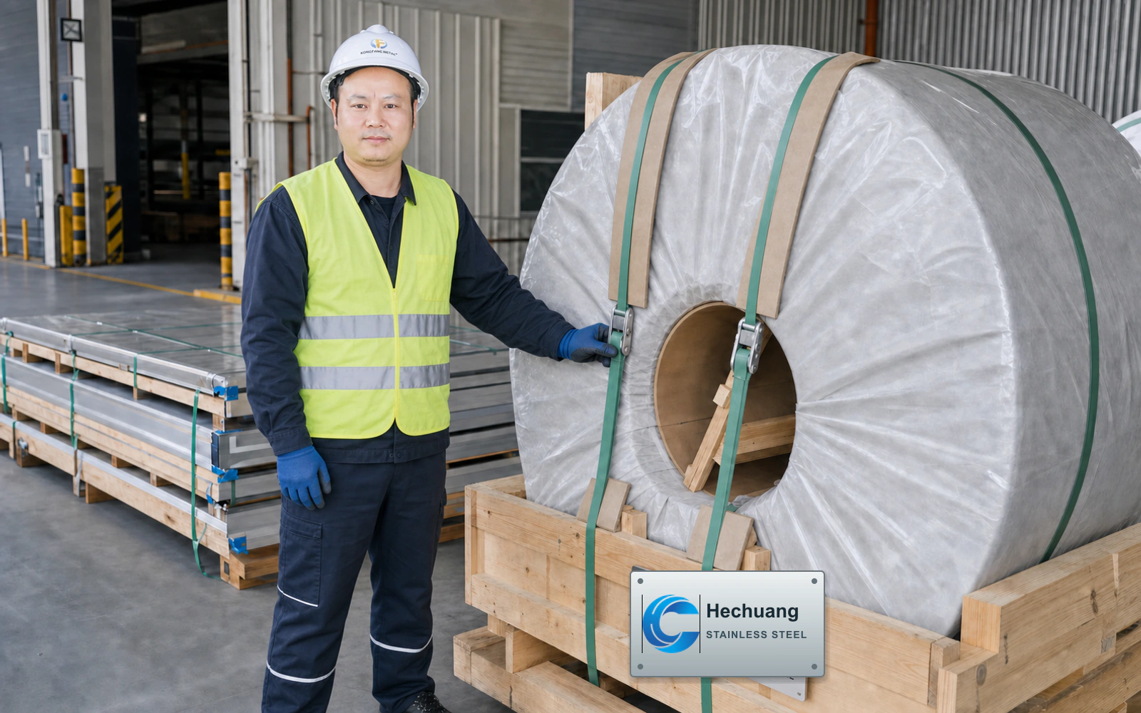 Li Qingzhi of Kongfang Metal Group beside export-packed stainless-steel coil and sheet