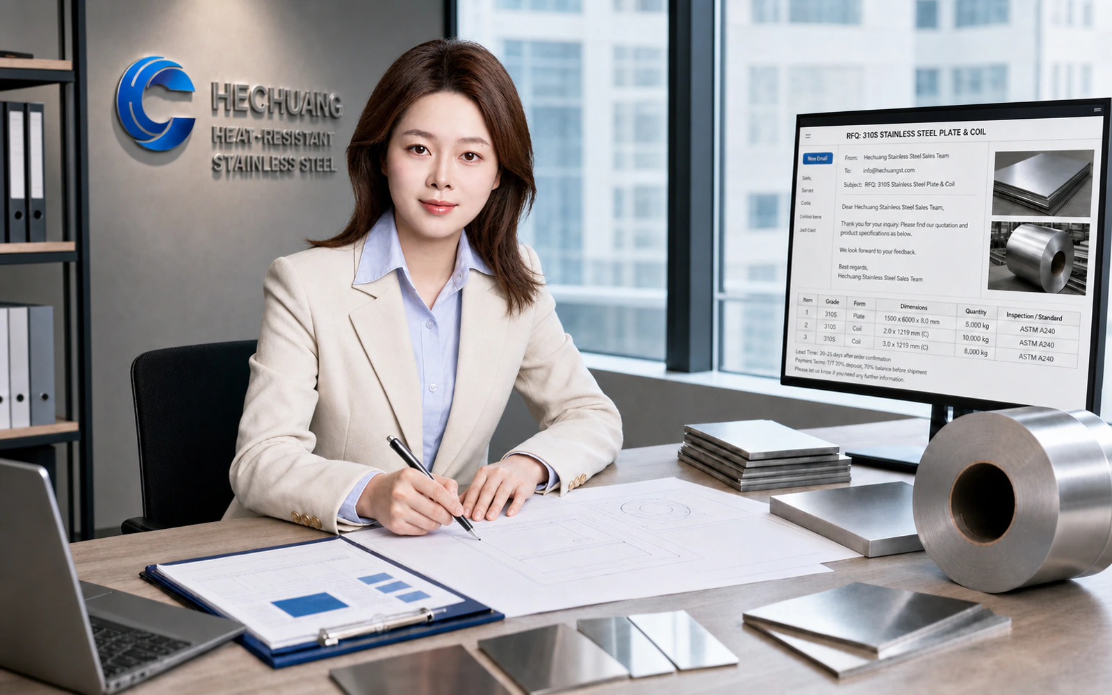 Ping Chow of Kongfang Metal Group in a Hechuang Stainless Steel export inquiry setting